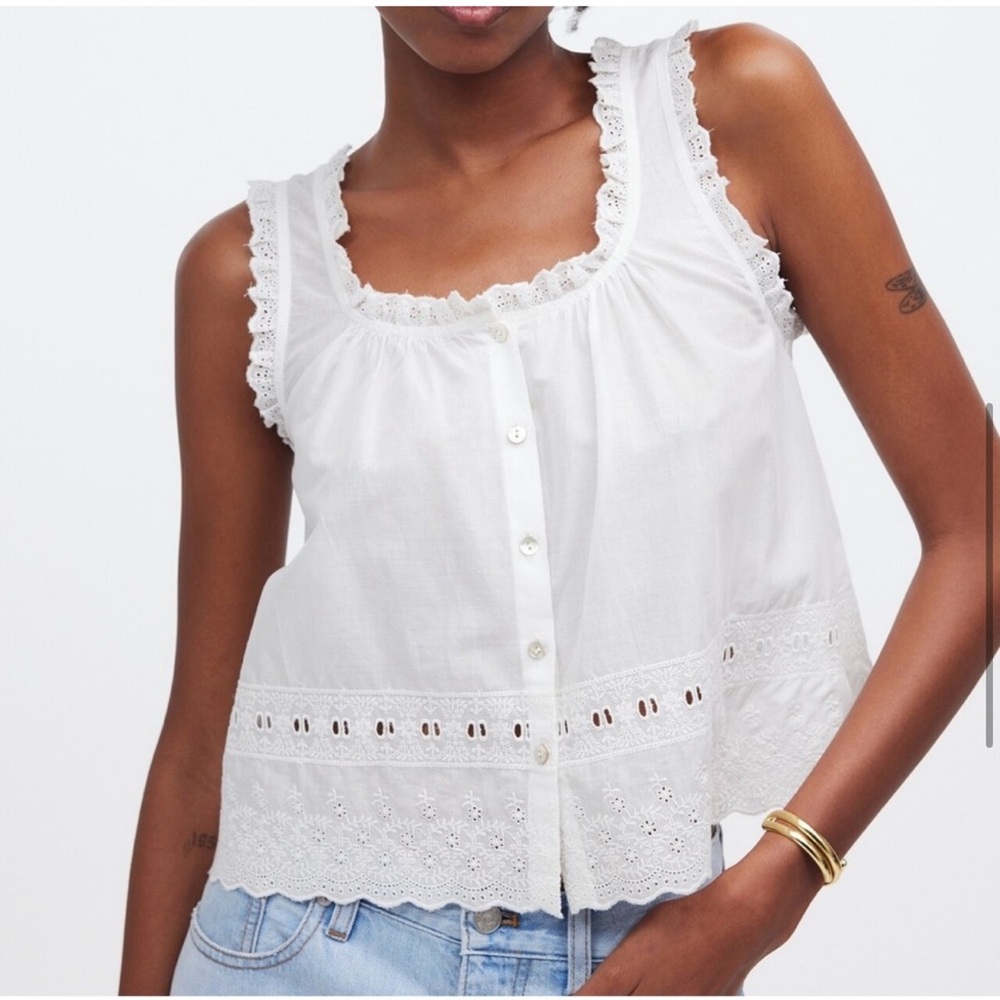 Madewell Embroidered White Scalloped Tank Top